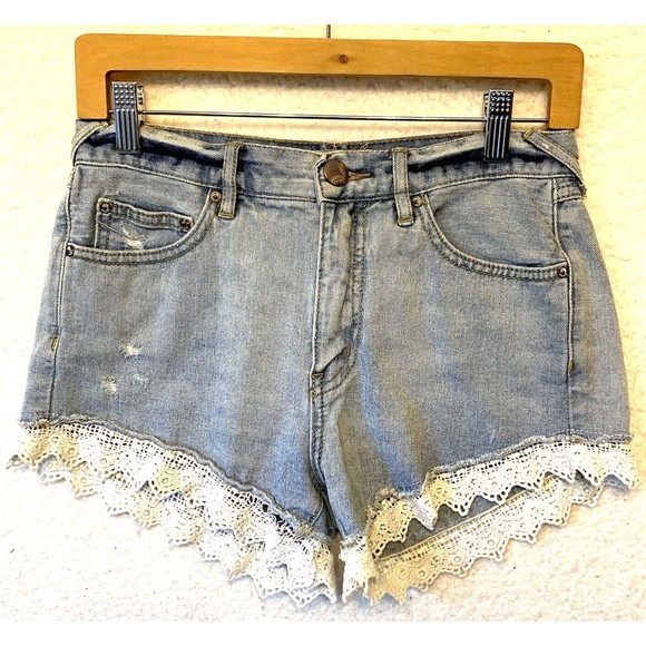 Free People Shorts Women's Size 25 Lace Trim High Rise Denim Cotton Distressed - Picture 1 of 8